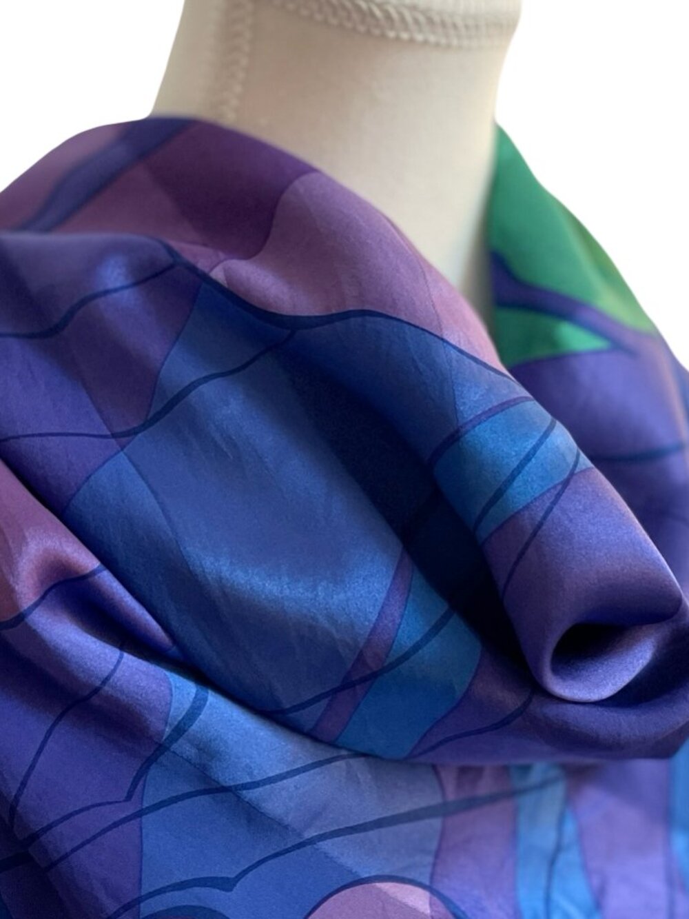 Marja Kurki Abstract Floral Silk Feel Scarf Purple Blue Hand Rolled 33 x 34 - Picture 3 of 8